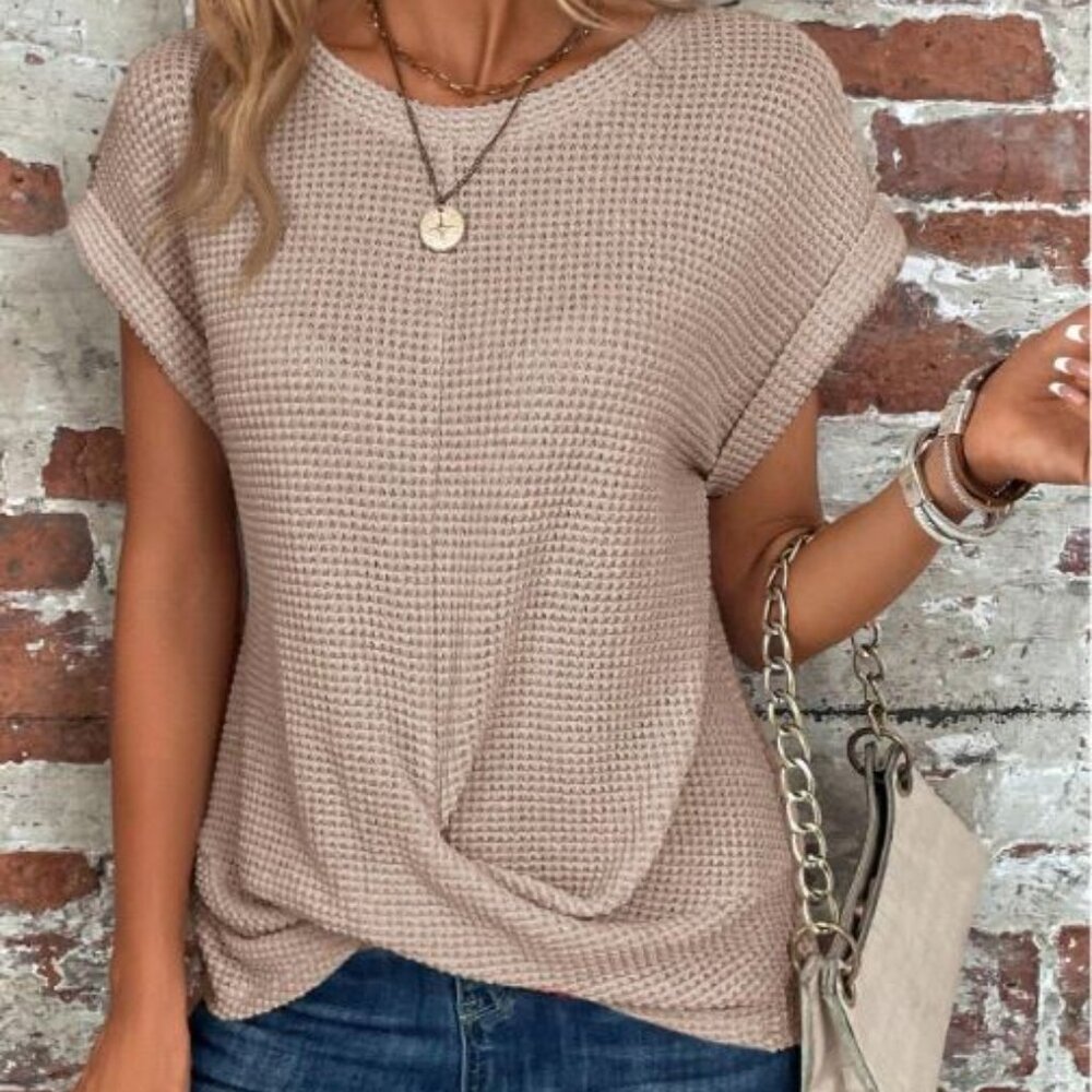 Women's Waffle Pattern Round Neck Batwing Sleeve T-Shirt